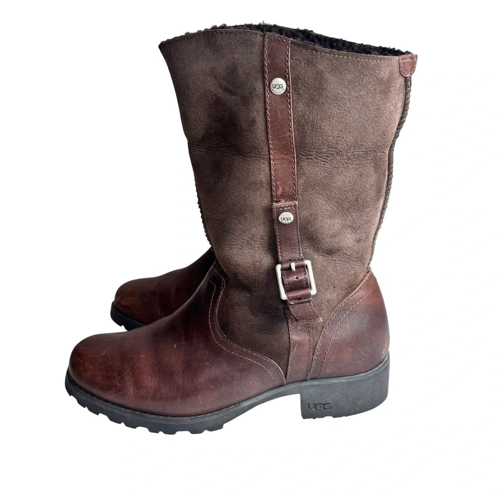 UGG Bellevue Sheepskin Foldover Boots Brown Leather Suede Shearling Buckle Sz‎ 8